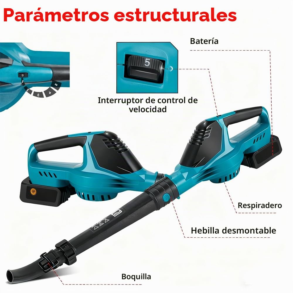 Soplador de Hojas 61m/s, Flujo de Aire de 2,8 m³/min Aspirador eléctrico | Construcción Presurizada, 5 velocidades, para Jardinería, Cuidado del Césped, Limpieza de Nieve