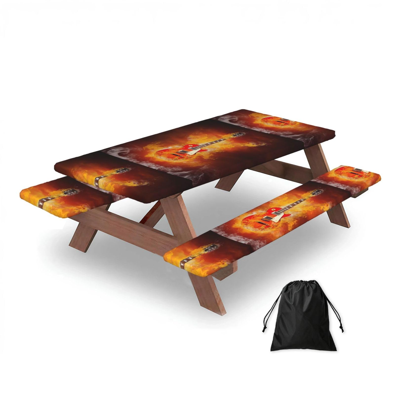 Dopklna As Picture Rock Guitar In Burning, Picnic Table Cover With Bench Covers -Waterproof Elastic Fitted Tablecloth For Garden Camping Patio 76X152cm