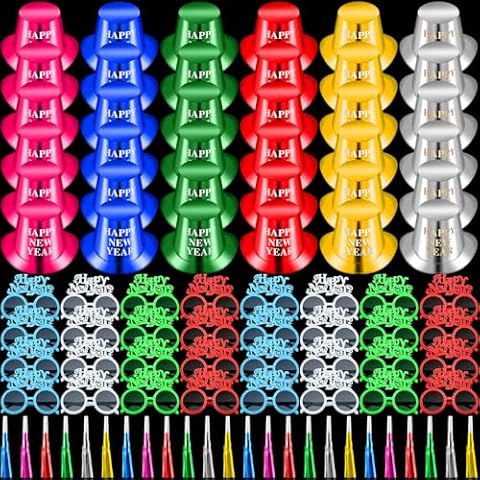 Hungdao 108 Pieces Happy New Year Eve Party Decoration 2025 Includes 36 Paper New Year Party Hats, 36 Colorful Glasses, 36 Colorful Blowers Noisemakers for New Year's Eve Party Supplies Cover