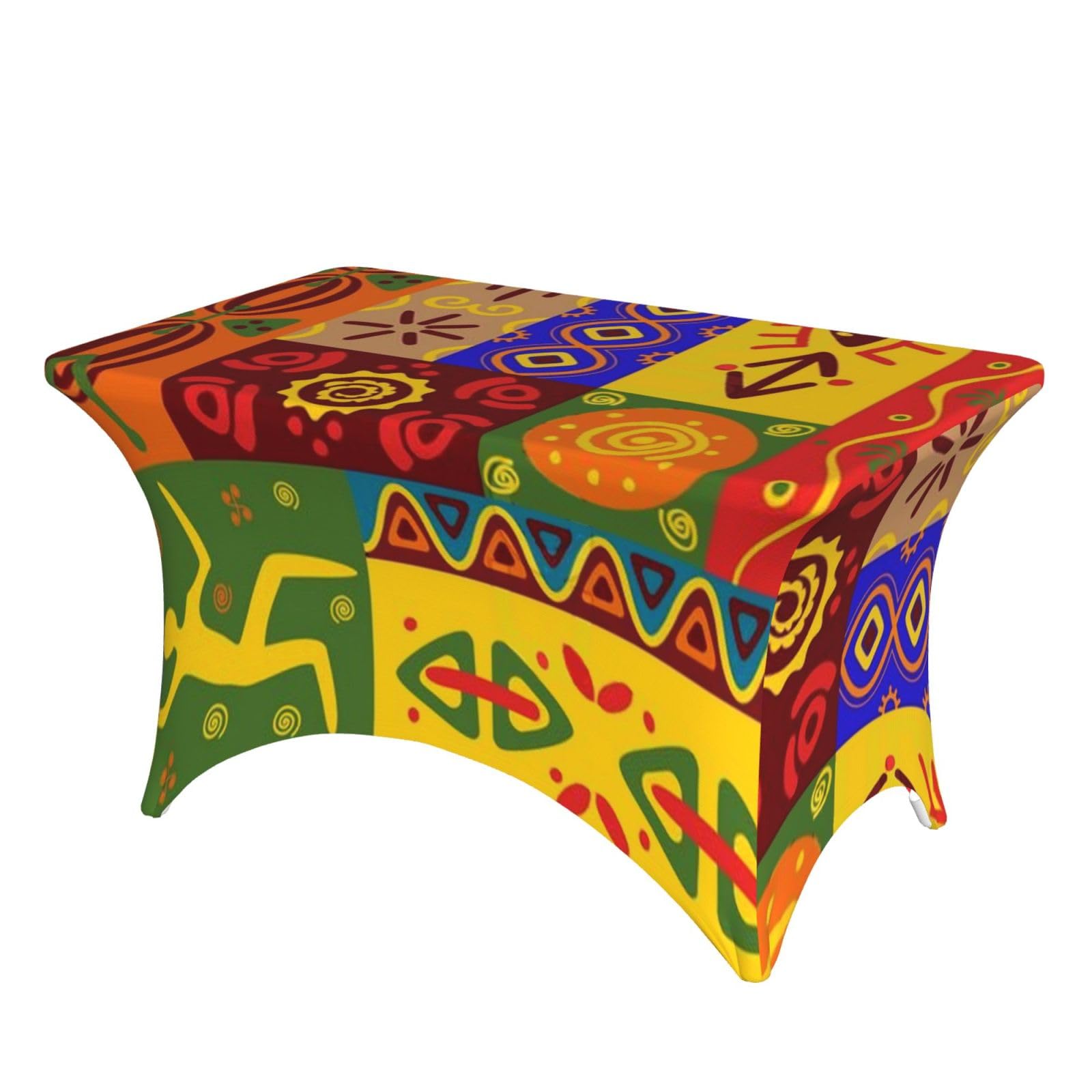 DCEHGEW 4FT Spandex Rectangular Table Cloth, African National Patterns Printed Fitted Elastic Tablecloths Washable Table Cover for Event, Wedding, Banquet & Party