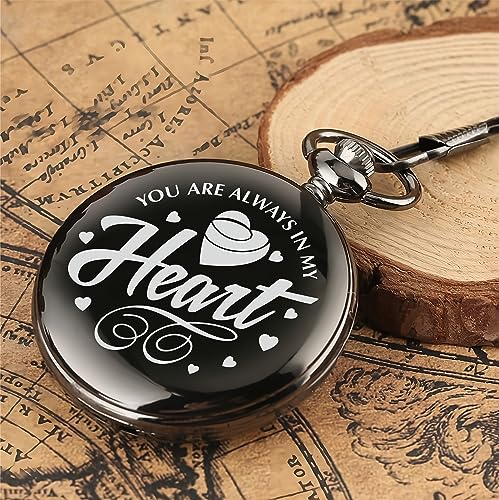 Image of Vintage Gandhi Style Pocket Watch with Engraved Designs & Messages Royal Black Analog for Men Women & Kids Includes Key Ring for car or Bike Keys Ideal Gift