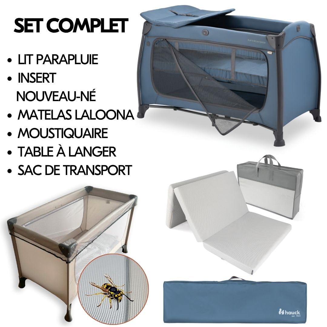 hauck Lit Parapluie Bébé avec Matelas Play N Relax Center - Lit Voyage Bébé Moustiquaire, Niveau Nouveau-Né, Table à Langer, Roues, Sac Transport, Bleu Foncé