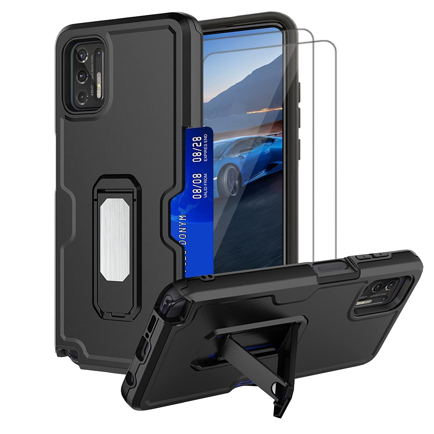 Case for Moto G Stylus 2021 with 2 Tempered Glass Screen Protector,Built Magnetic Kickstand,Credit Card Slot Wallet Phone Case,Hybrid Heavy Duty Cover Case Compatible Motorola G Stylus 2021 -Black