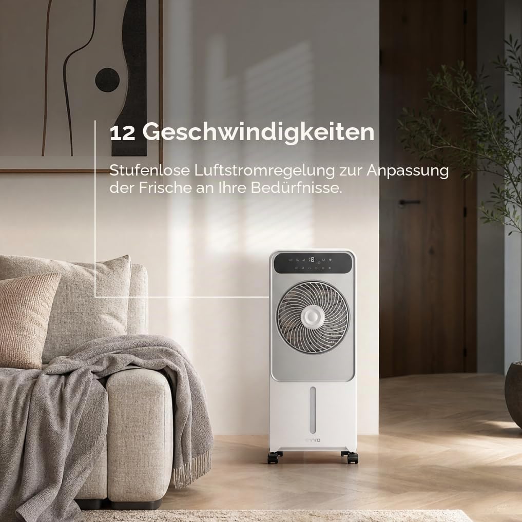 EVVO AC950 Luftkühler und Luftkühler, tragbar, Kaltluft, ohne Installation, 12 Geschwindigkeiten, Kaltfunktion mit Wasser und Eis, LED-Panel, Fernbedienung, leiser Turmventilator