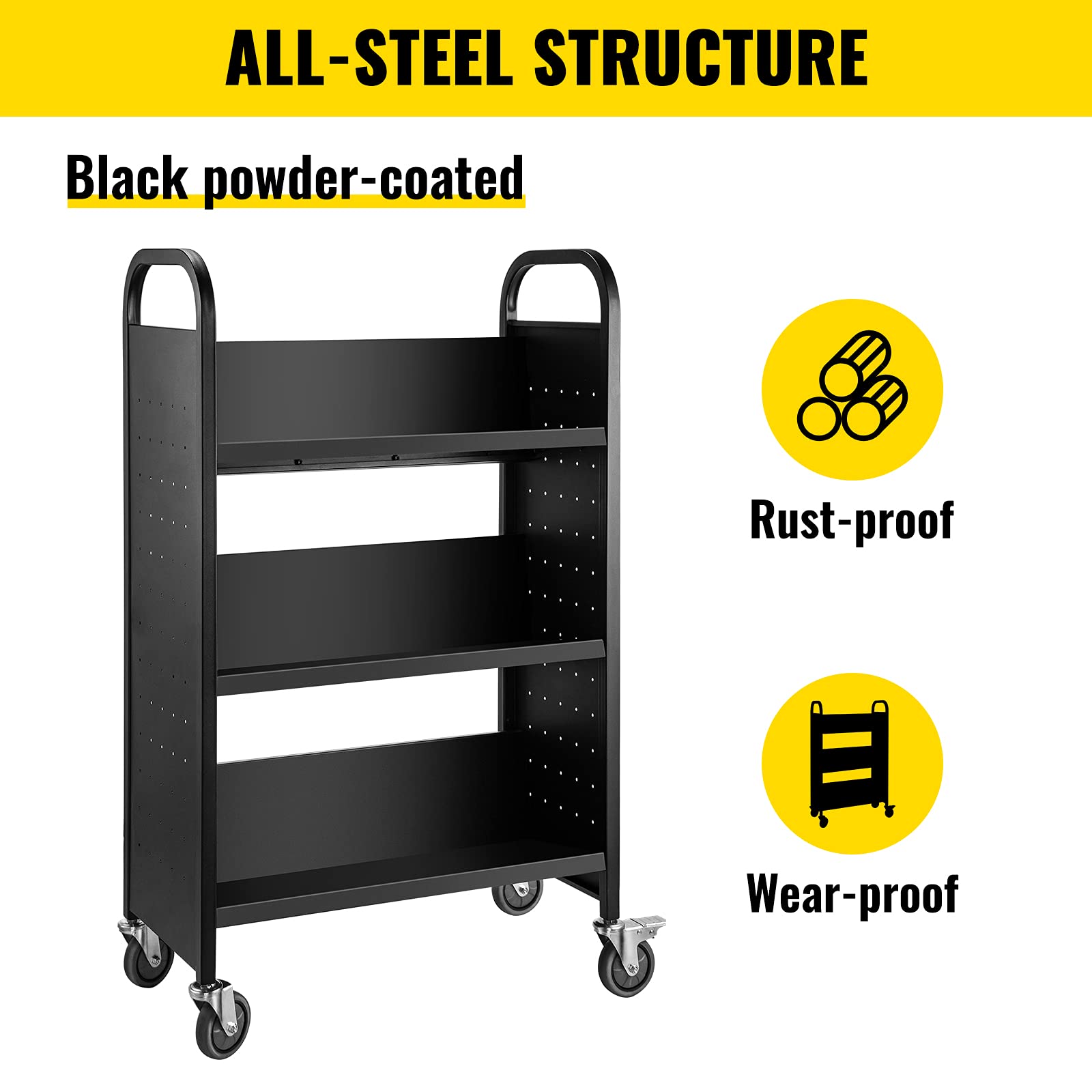 VEVOR Carrello per libri, 90,7 kg, 76 x 35 x 114 cm, ripiani inclinati a forma di V su un lato con ruote bloccabili da 10 cm, per mensole domestiche, ufficio e scuola, camion dei libri in nero