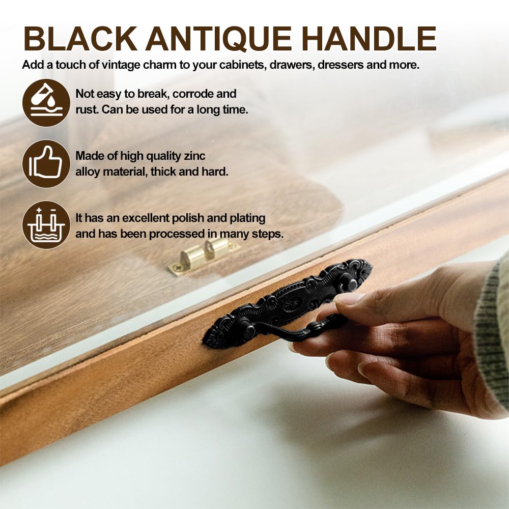 WMYCONGCONG Lot De 12 Boutons D'armoire De Cuisine 16,5 Cm Poignées De Tiroir Noires Vintage Avec Plaque Poignées De Commode Antiques Pour Meubles Porte De Placard Porte De Garde-robe Floral