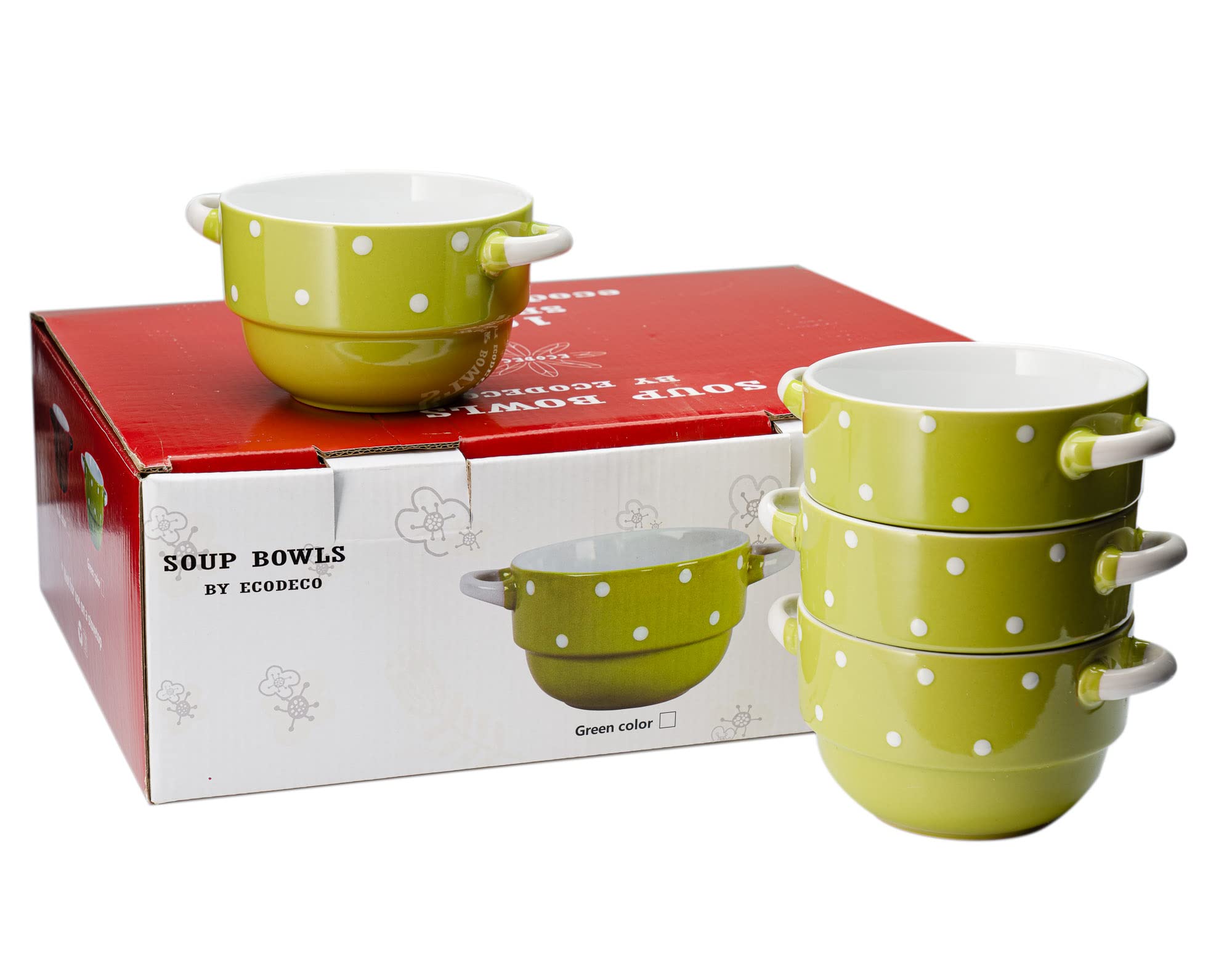 Baking Serving Soup Bowls with Handles - Ceramic - Polka Dot Green - 16 Ounce - Stackable - Set of 4 - Stew Gumbo Chili Pasta Pots