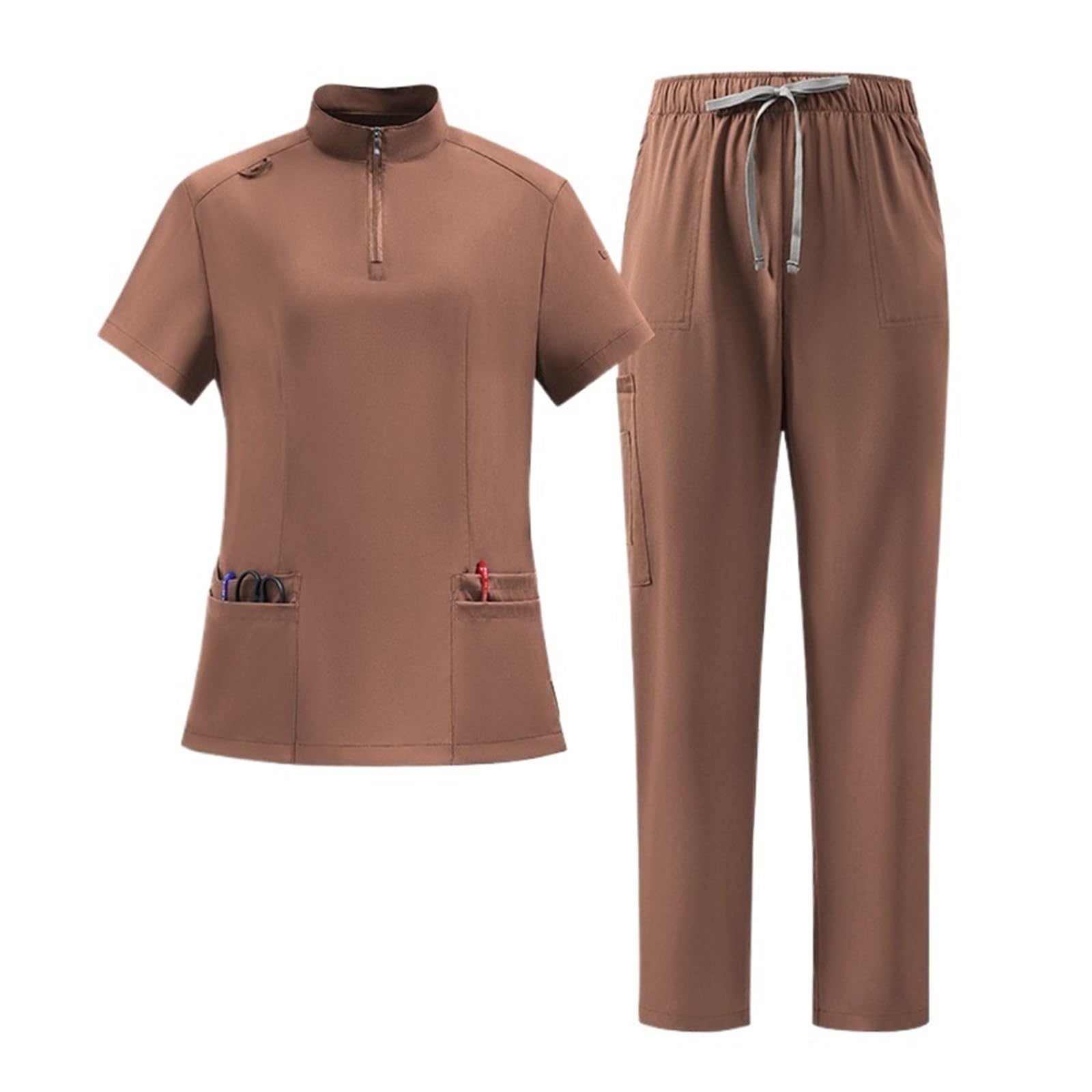 AHUFGN Nurse Scrubs Women Women's Scrub Top For Oral Dentistry Short-Sleeve For Dentists And Nurses Quick-Dry Stretch Workwear(Brown,XXL)