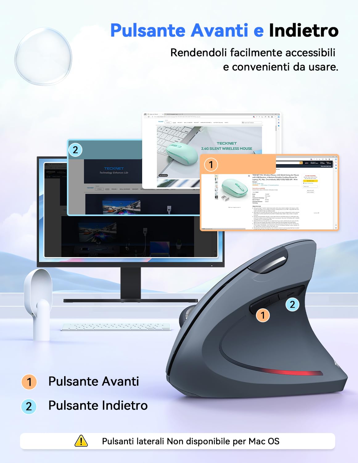 TECKNET Mouse Verticale, 4800 DPI Mouse Wireless Ergonomico, Protegge Il Braccio, Mouse Senza Fili 6 Pulsanti per PC, Computer Portatile, Mac, Grigio