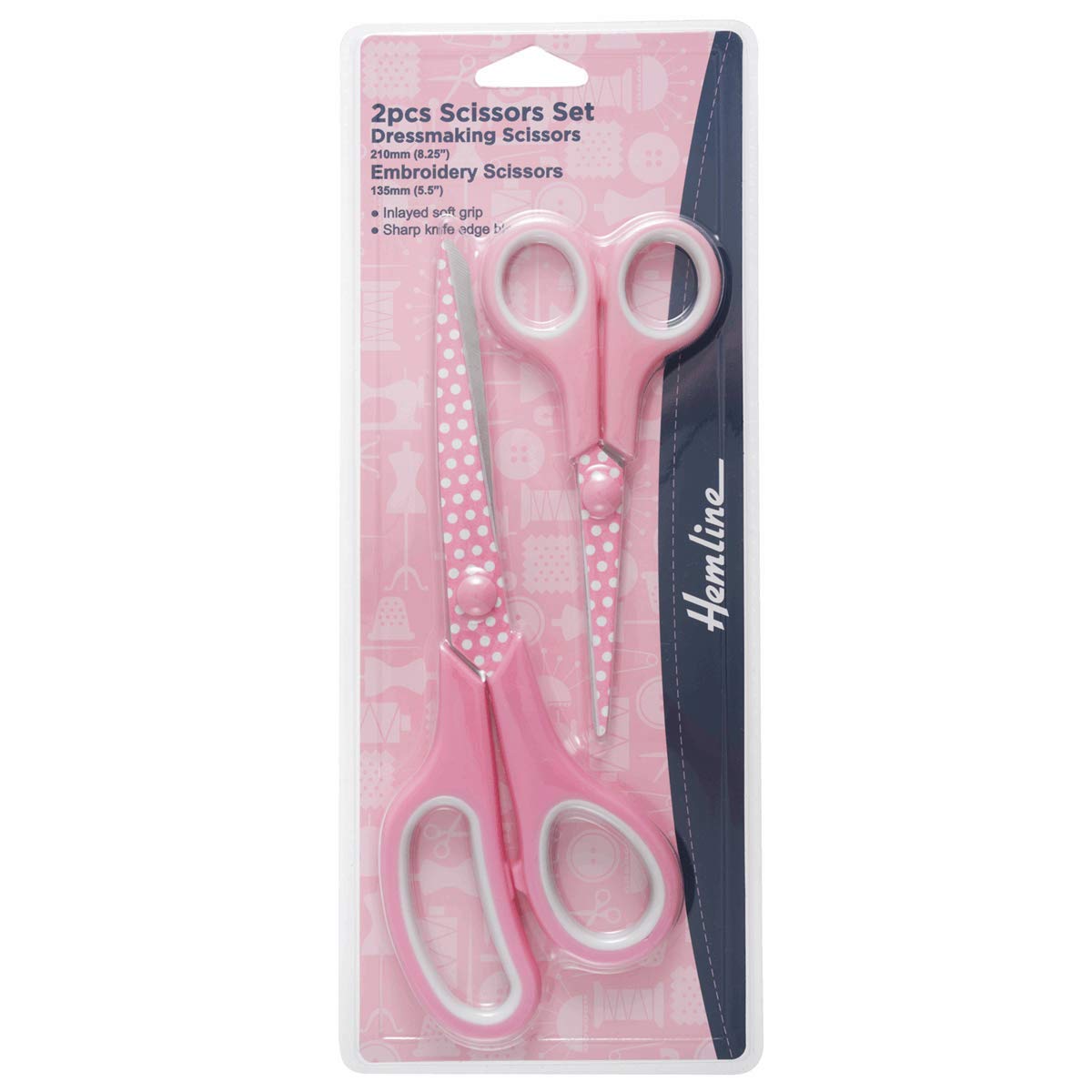 Hemline Dotty Pink Soft Grip Scissors Set 2 Pieces 13.5Cm And 21Cm