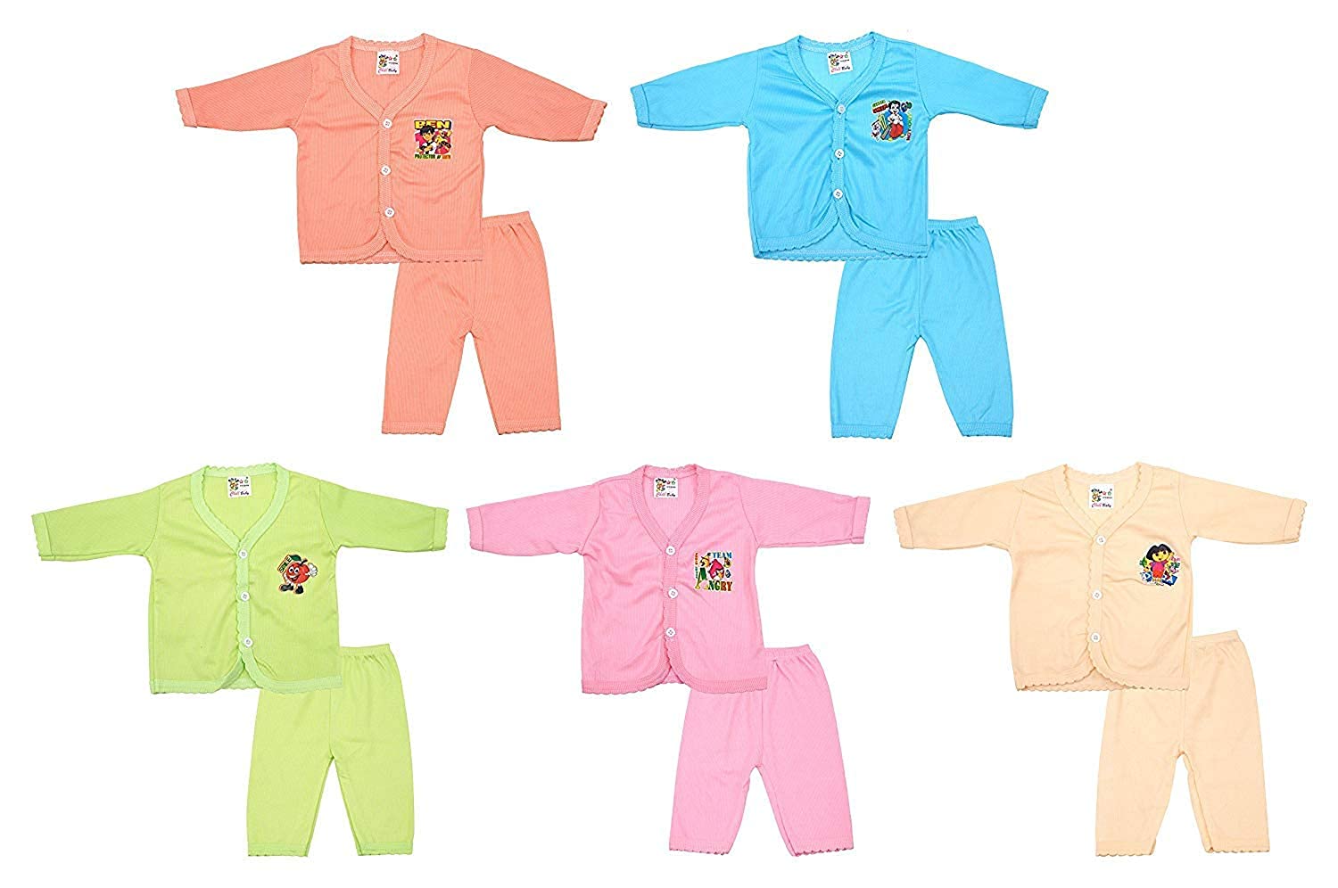 Raginibaby Newborn Baby Jhabla Newborn Baby Winter Dress for Baby Full sleevees Shirt and Full Pant (Multicolour; 0-6 Months) - Pack of 10Pieces (5Pairs)