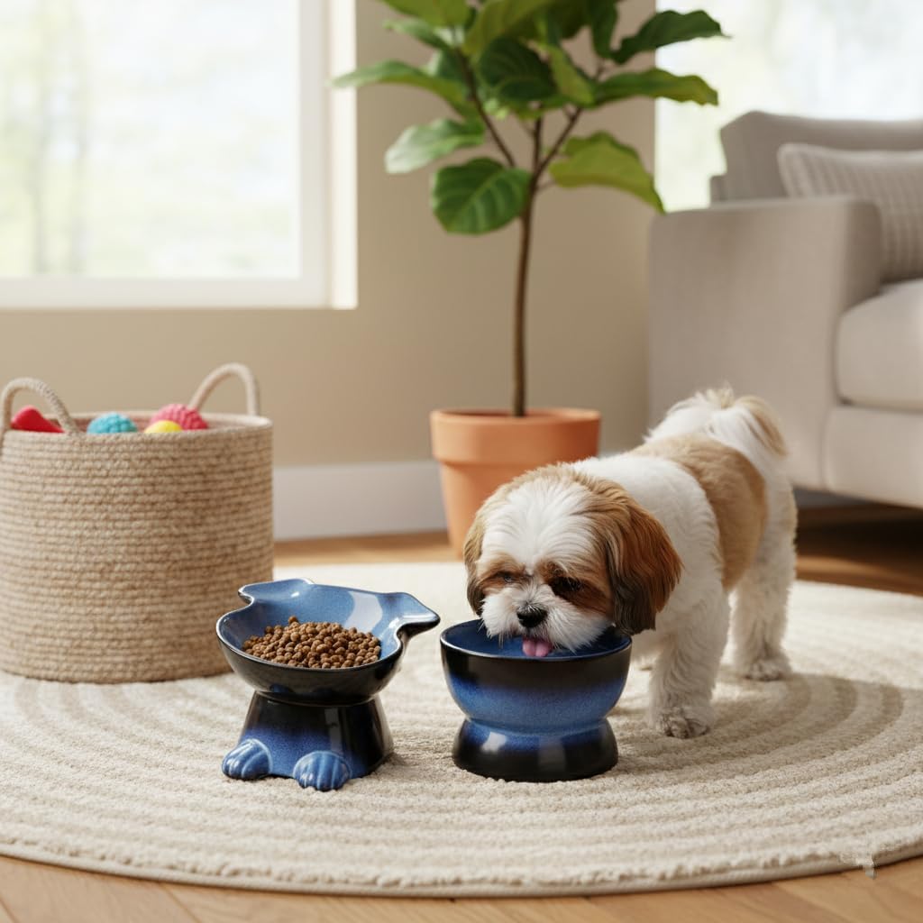 Nihow Dog Food & Water Bowl Set: Elevated Ceramic Dog Bowls for Medium/Small Size- Food Safe Raised Puppy Bowls - Vivid Blue Pet Bowl for Protecting Pet's Spine (Set of 2)
