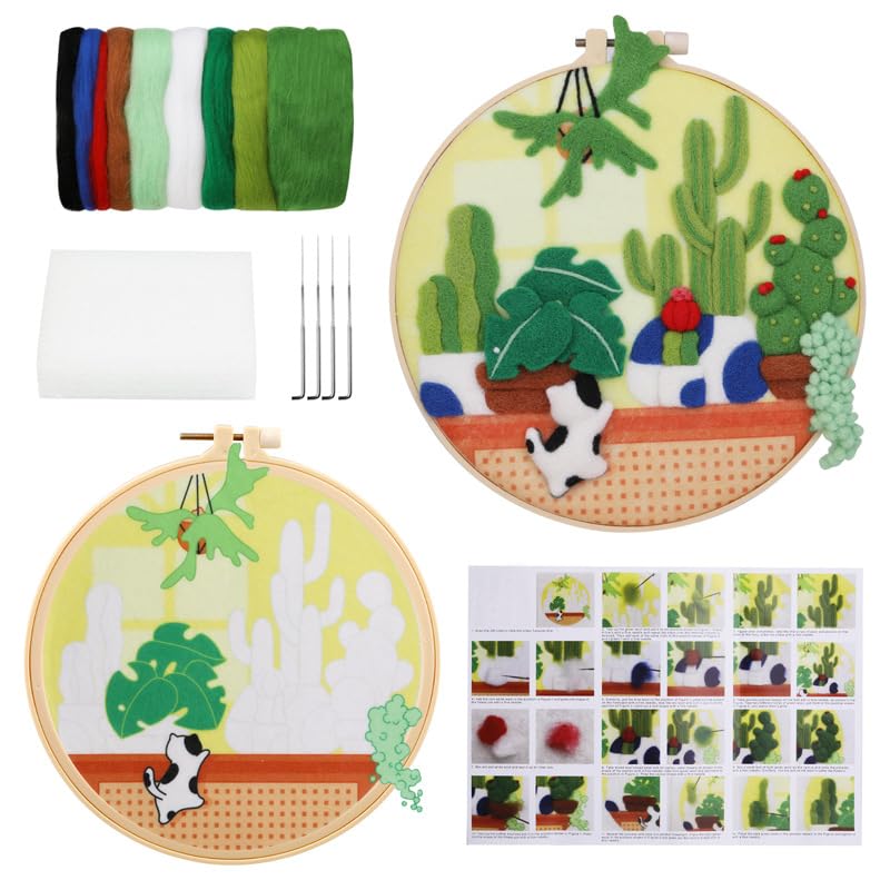 Image of Wonafa DIY Wool Needle Felt Starter Kit, Beginner Needle Felt Kit with Wool Felt Bag, Felts Needles, Photo Frame, Foam Mat, Felts Cloth and Instructions for Home Decor, Art Crafts (Style 7)