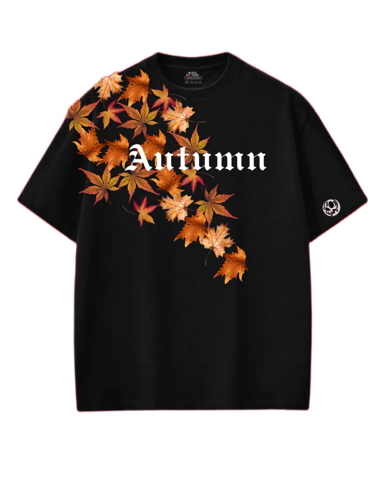 the black souled Autumn Leaves Graphic Printed Oversized T-Shirt | Unisex Relaxed Fit Cotton Street Style Tee-picture-19