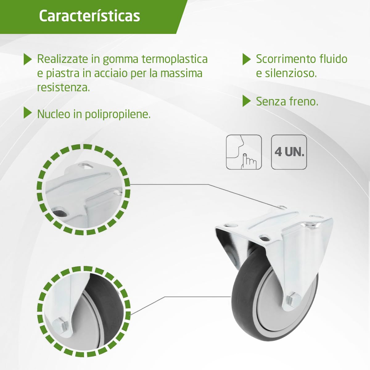 Amig - Set 4 Ruote Fisse | Ø 100 mm | Ruote per Spostare Mobili o Elettrodomestici | Peso Massimo 110 Kg | Per Spostare Mobili Pesanti | Cuscinetti a Rulli | Nucleo in Plastica | Gomma Grigia