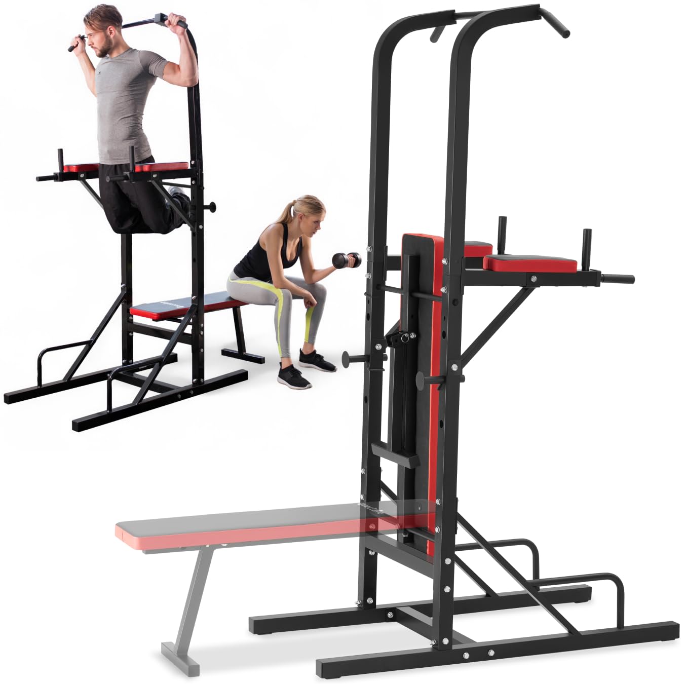 tectake® Panca Multifunzione, Power Tower, Supporto Bilanciere, Pieghevole, Attrezzo Fitness Casa, per Pesi, per Allenamento, Home Gym, Palestra, per Addominali