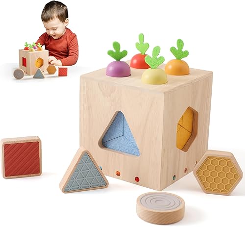 Montessori Juguetes para niños y niñas pequeños clasificador de formas de madera, cubo de actividades, sensorial con bloque de forma, zanahorias,