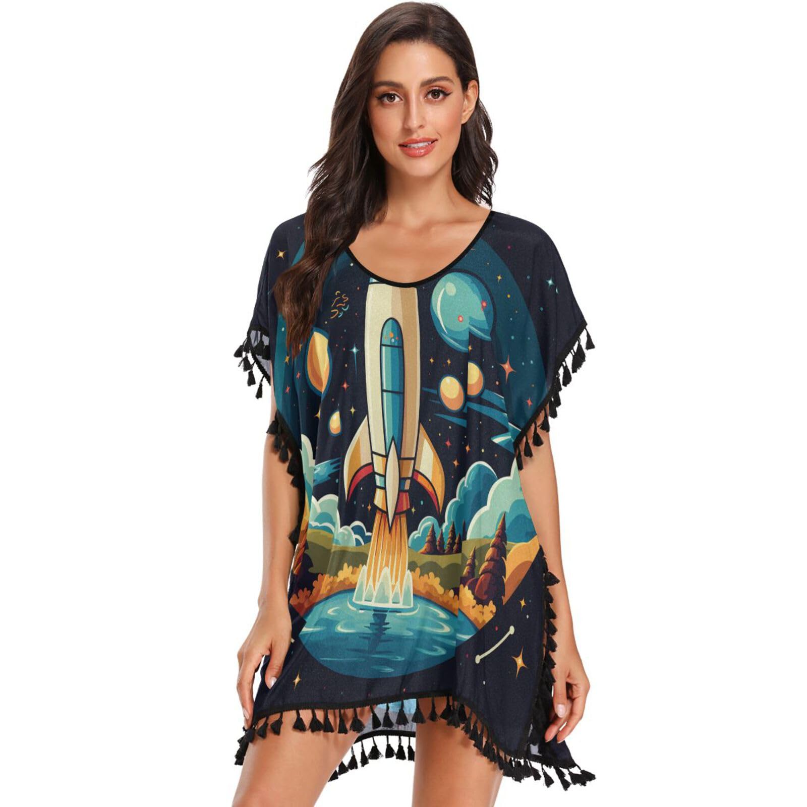 KAAVIYO Lake Space Rocket Blue Planets Women's Beach Cover Up Chiffon Tassel Swimwear Swimsuit Coverups for Girl