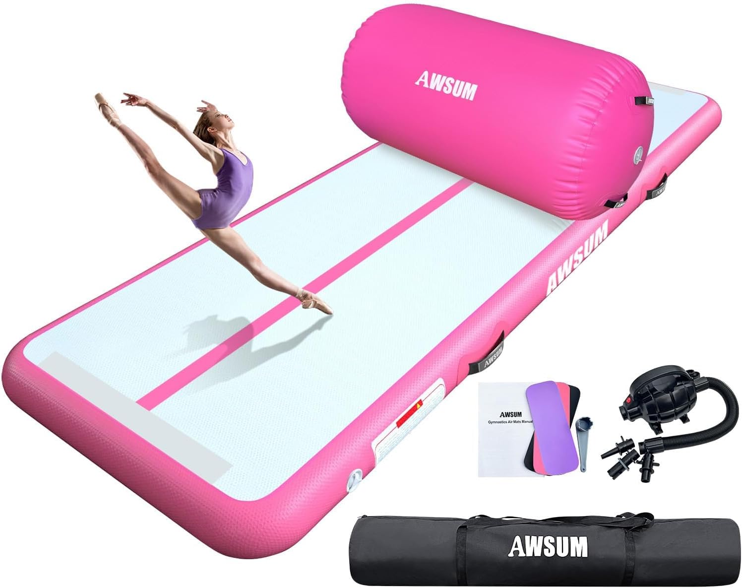 AWSUM 6.6ft Tumbling Mat with 3.3ft L x 2ft Diam Air Roller Barrel Tumble Mat Inflatable Air Gymnastics Mat for Home/Gym/Outdoor, with Electric Pump