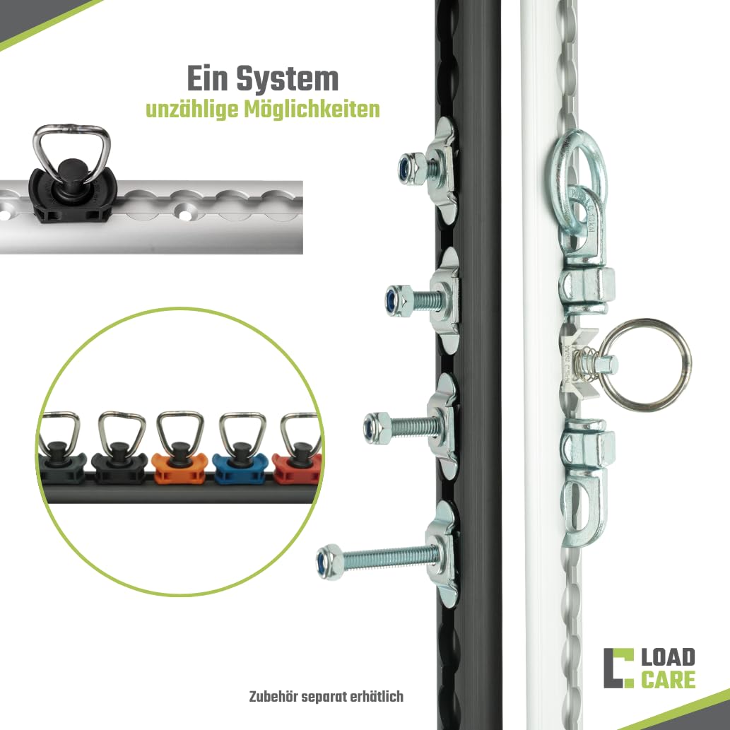 Airlineschienen Starter Set – 2 eloxierte Airlineschienen (1 m, halbrund, gebohrt alle 10 cm) inkl. 4 Endkappen, 4 Schwarze Fittinge (Schwarz eloxiert, Schwarz)