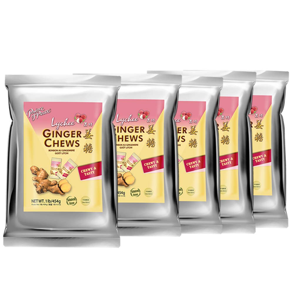 Prince of Peace Ginger Chews with Lychee, 1 lb. – Candied Ginger – Lychee Flavored Candy – Lychee Ginger Chews – 5 Pack