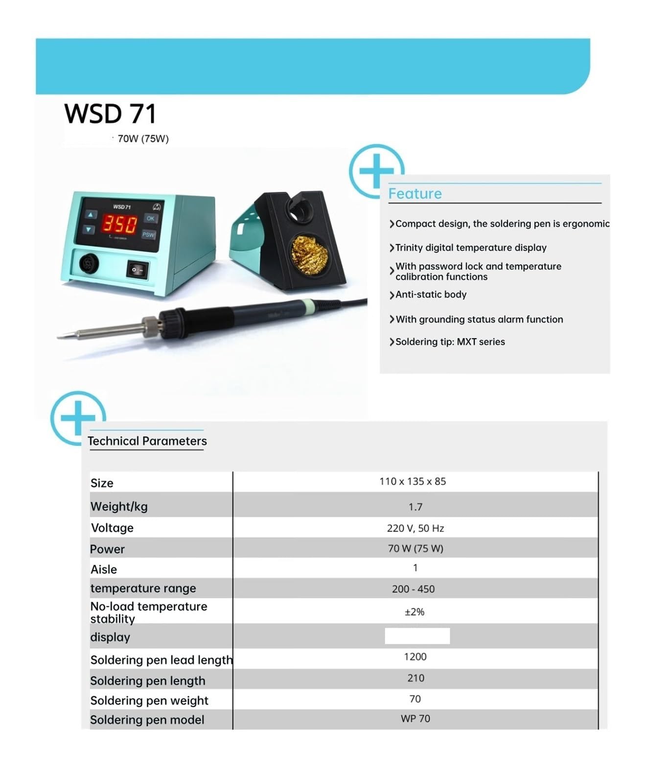 Estación de soldadura WSD71 de 70 W, herramienta de soldadura profesional sin plomo for PCB