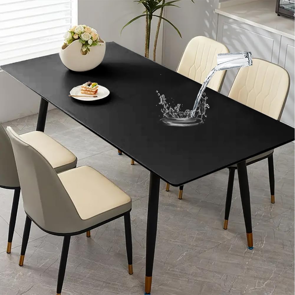 Waterproof Leather Tablecloth with Flannel Backing,Elastic Table Protector Rectangle Wipe Clean Tablecloth Table Cover for Dining Kitchen Picnic (Black,80x160cm)