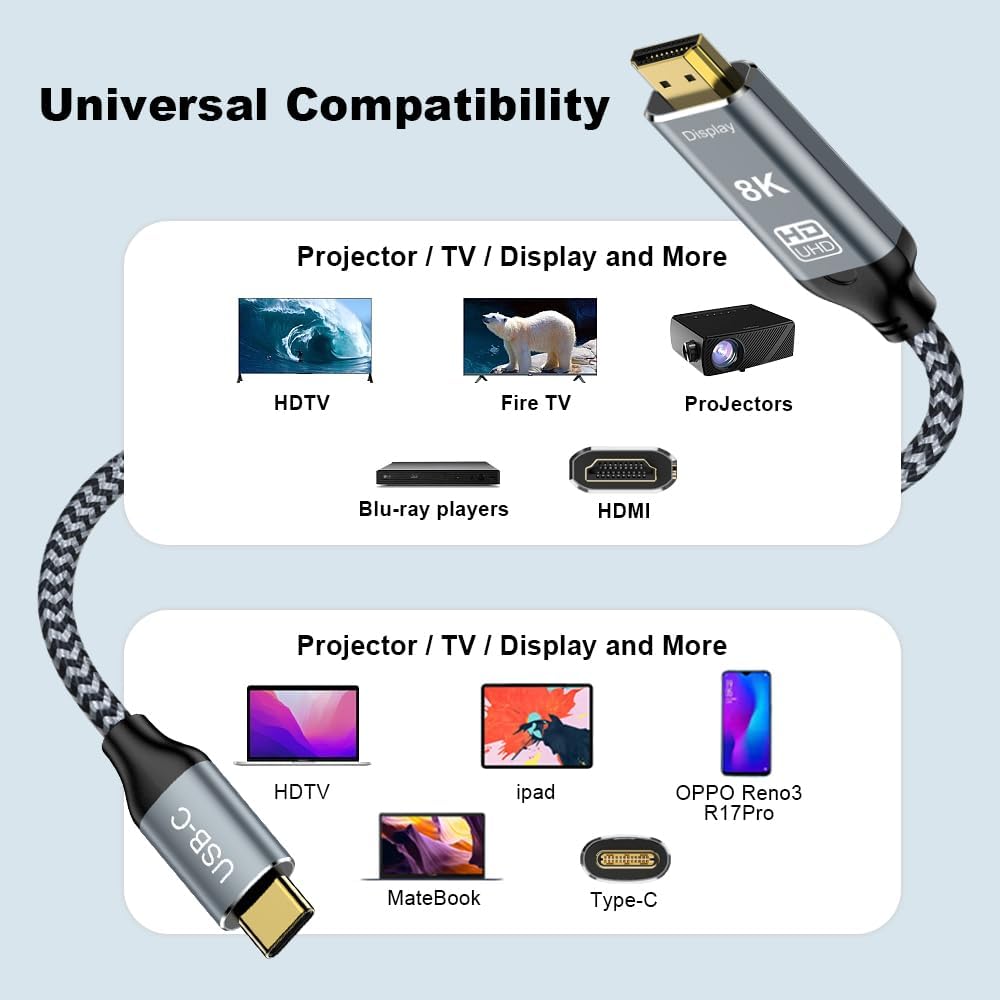 USB C to HDMI 2.1 Cable, 8K@60Hz 4K@144Hz,Thunderbolt 4/5 to HDMI，Type C Compatible with MacBook Pro M4,M3, iPad, iPhone 16Pro, Supports HDCP 2.3 & HDR10, High Speed 48Gbps, Gaming Monitor