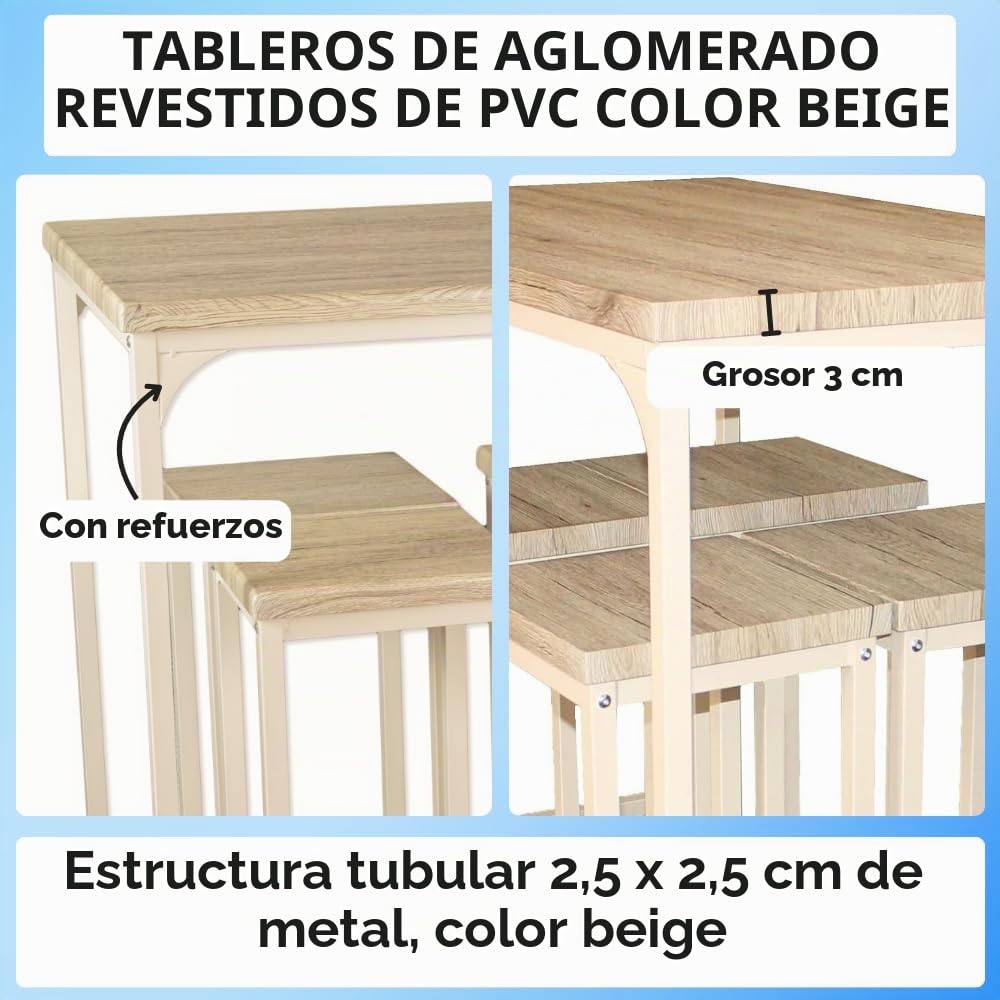 YELLOO Mod. RICCIONE Set de Mesa de Cocina Bar y 4 TABURETES Color Beige 110 cm x 66 cm x 110 cm Altura
