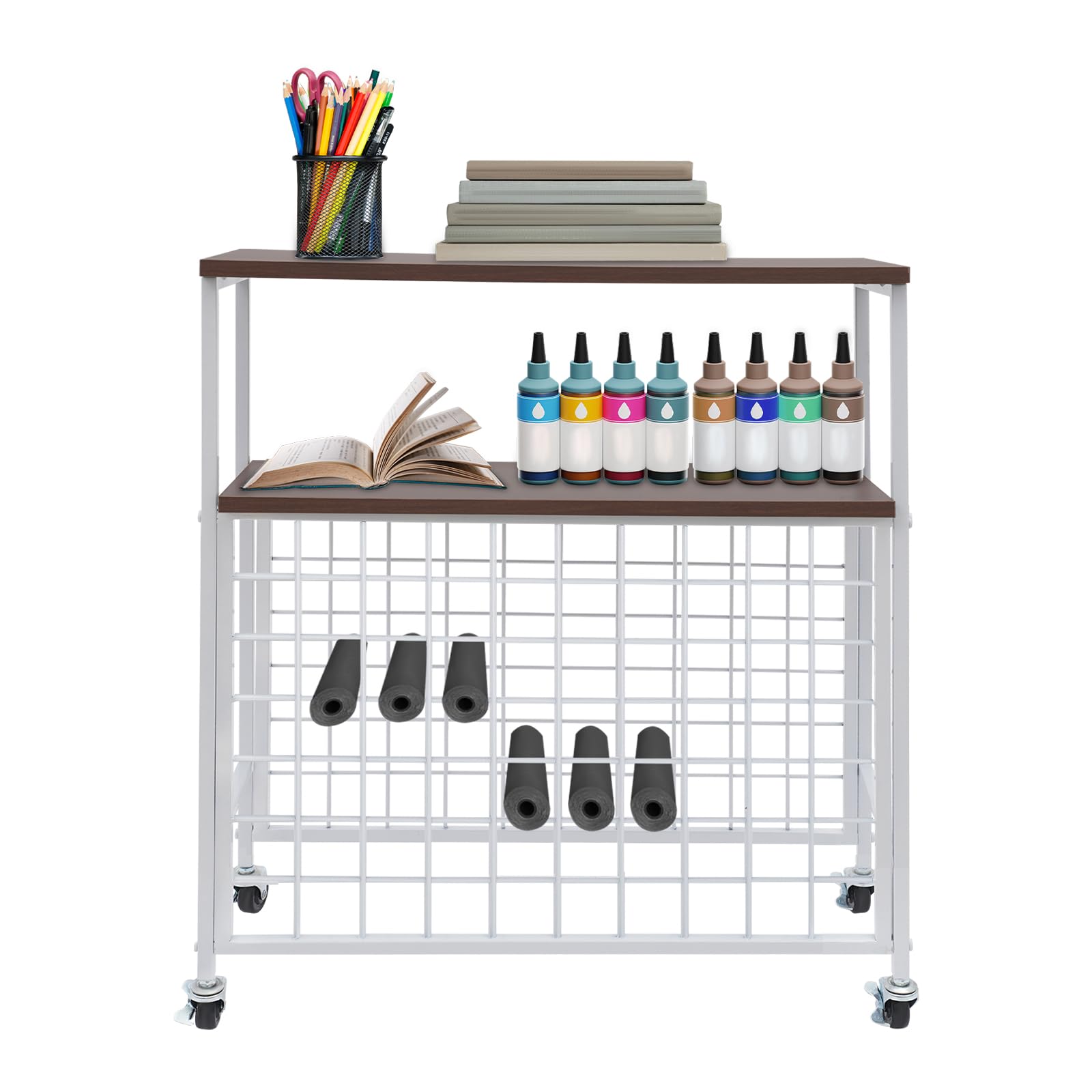 Porte-rouleaux de papier en vinyle - Chariot de rangement avec 70 supports pour rouleaux de vinyle - Organisateur de bricolage et rangement pour salle de bricolage - Blanc