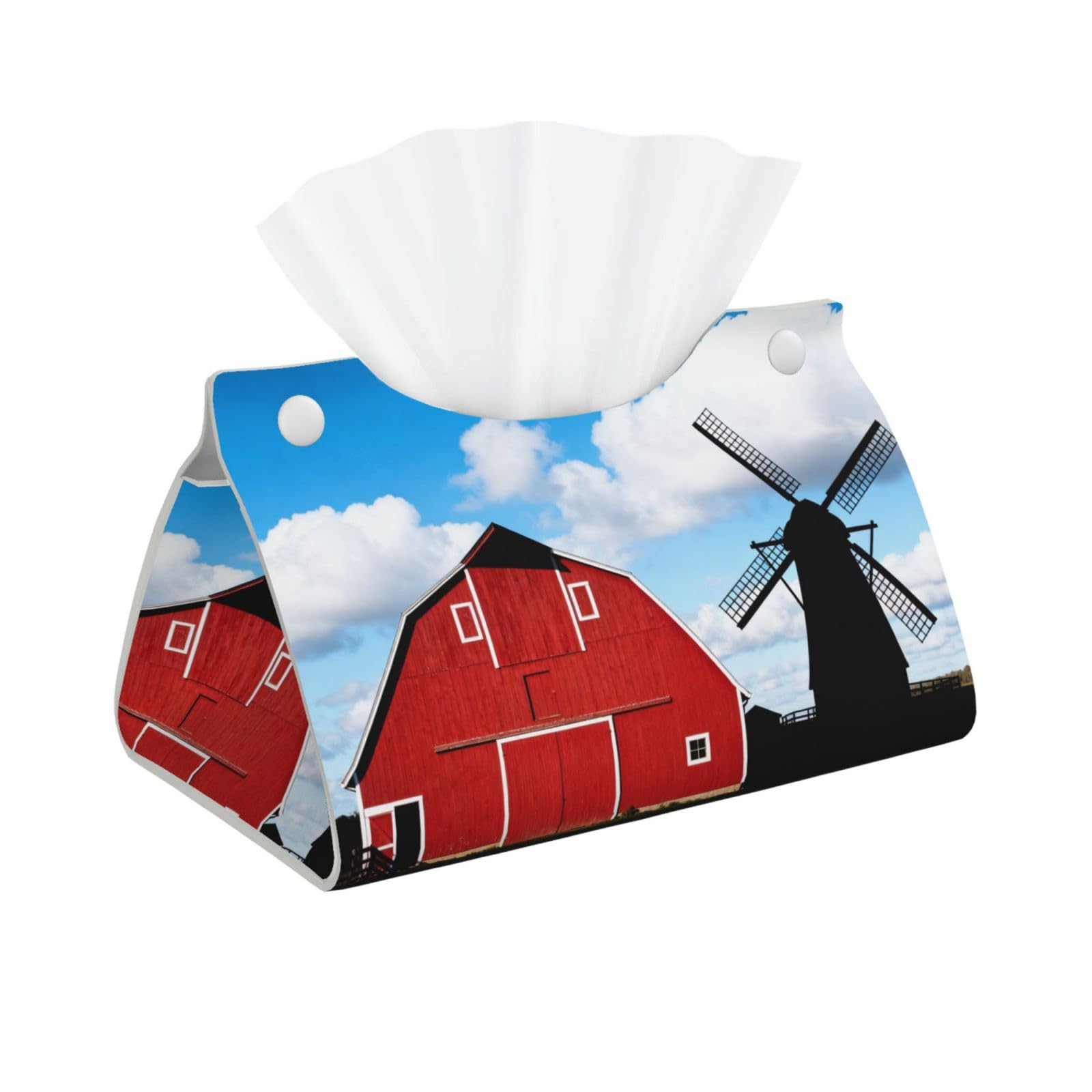 Barn Windmill Farm Long Leather Tissue Box Cover-Waterproof PU Leather Tissue Holder for Bathroom, Decorative Rectangular Tissue Case
