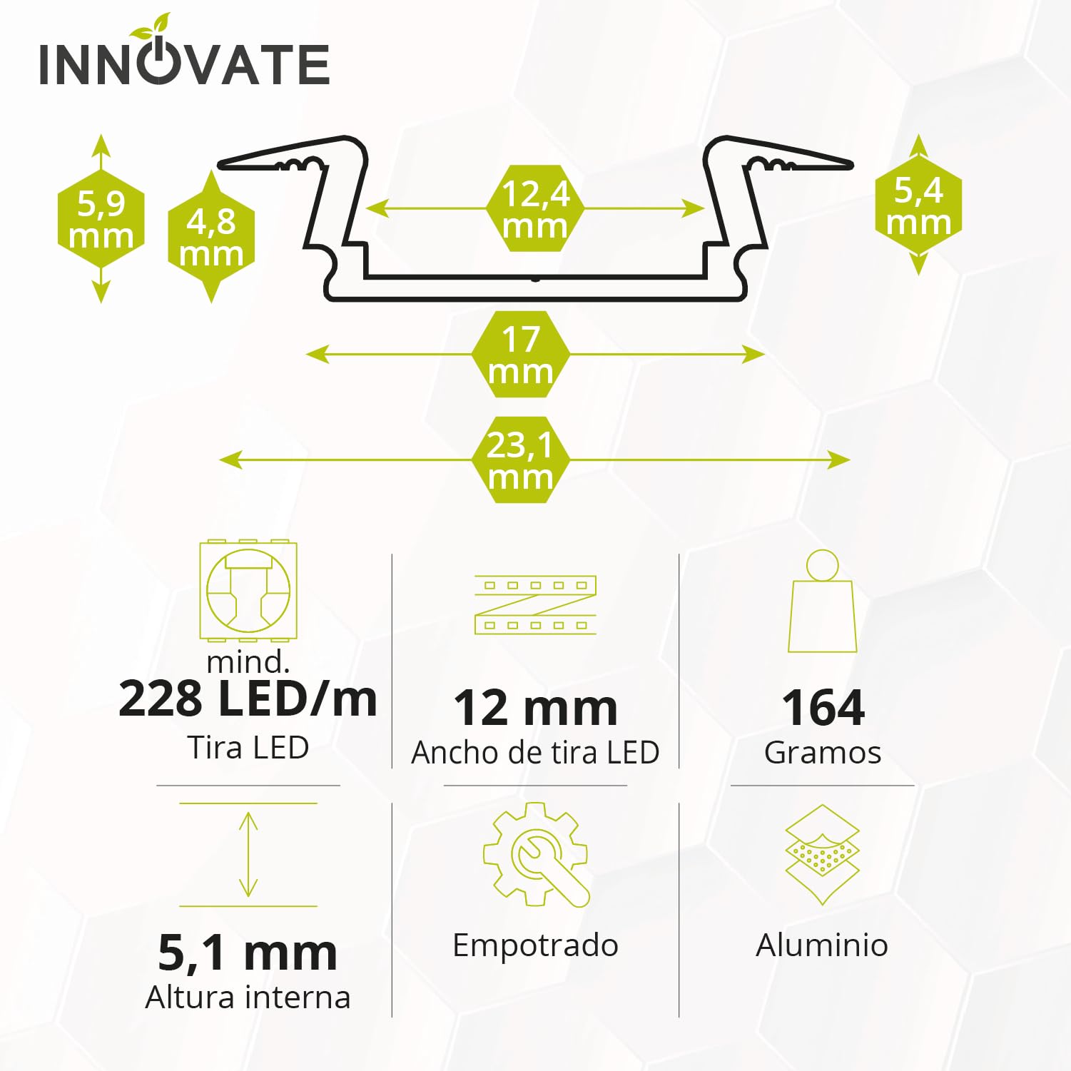 INNOVATE Perfil aluminio empotrable tiras LED 2m Negro-Traslucido Set5