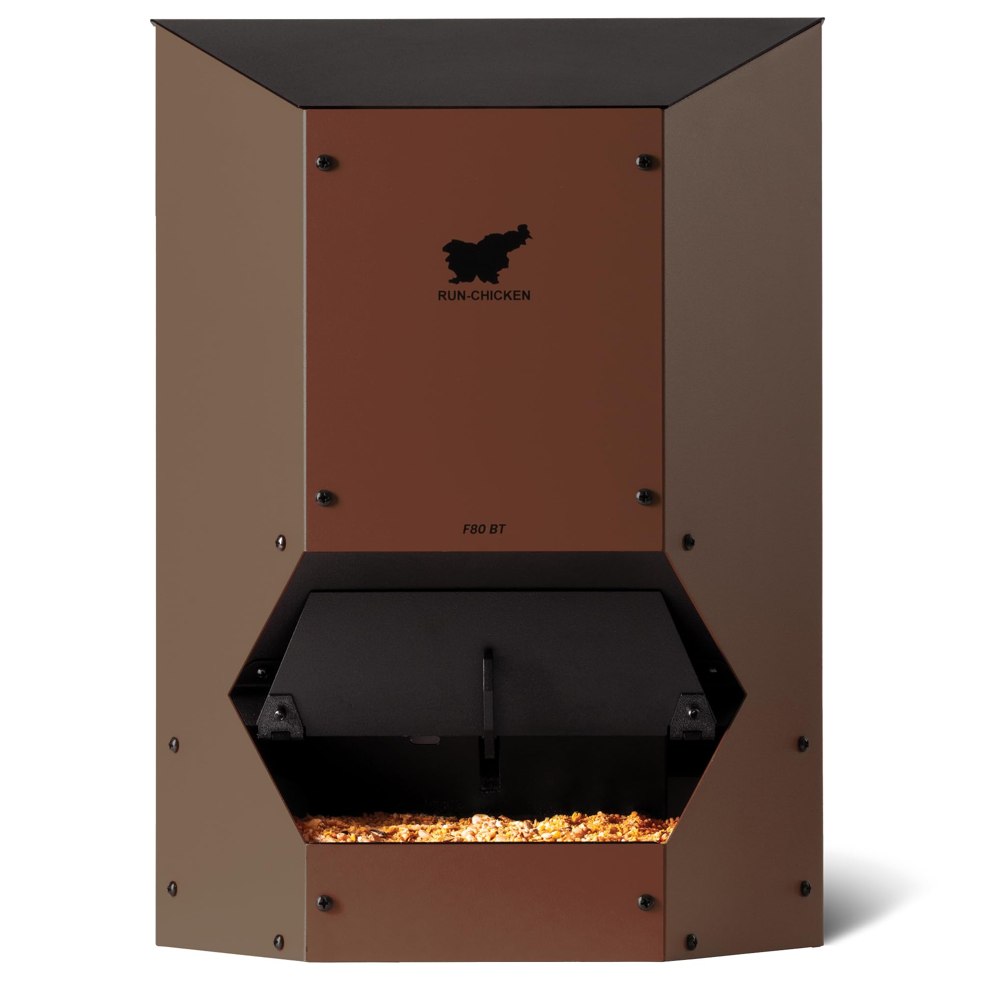 RUN-CHICKEN Distributrice di cibo (Marrone) Automatico distributore di cibo per polli, alimentato a batteria, portellone di sicurezza programmabile con timer, 9 kg di fornitura di cibo, resistente