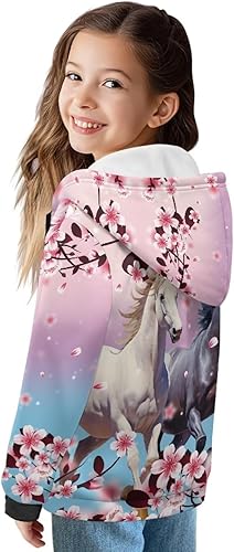 Kids Fleece Lined Jacket Zip Up Hoodies & Sweatshirts with Kangaroo Pockets(Peach Blossom Horse,Large)
