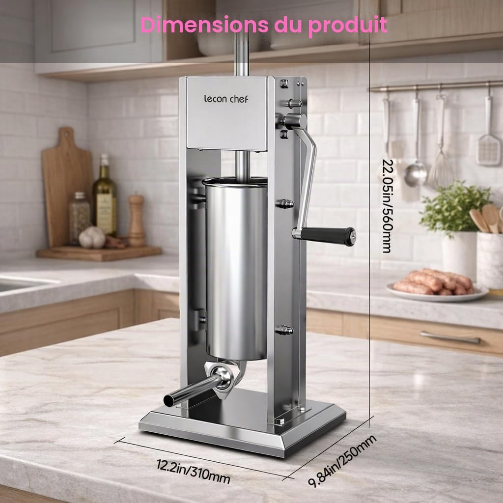 Poussoir à Saucisses Manuel 5 L, Machine à Saucisses en Acier Inoxydable SUS304, Embosseuse à 2 Vitesses avec 4 Tubes, Poussoir à Viande pour Cuisine