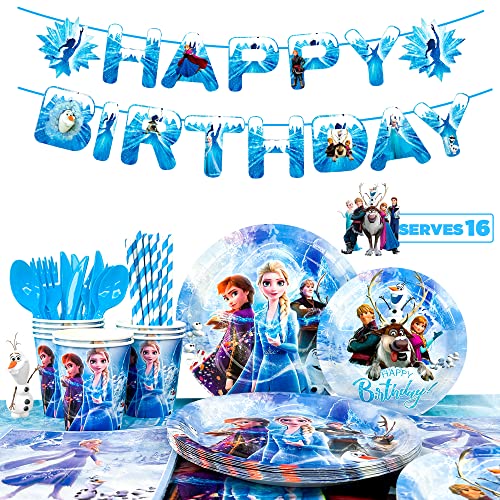 Fruitful Party Frozen Anniversaire Vaisselle Kit,144pcs Vaisselle De Fête Frozen-Nappe Frozen, Assiette Gobelet Serviette Bannière etc Decoration Anniversaire Reine des Neiges pour Enfants Filles Cover