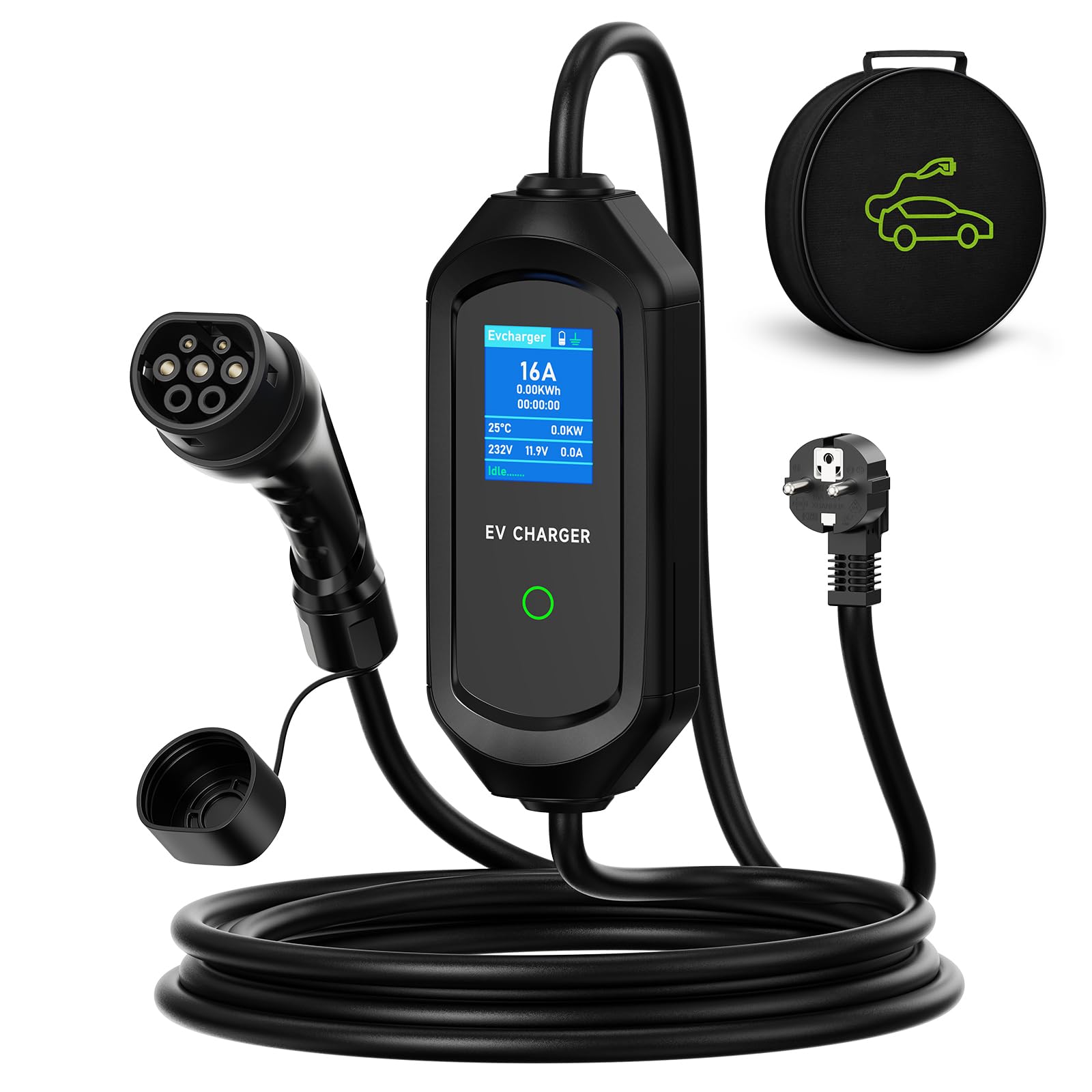 Colonnina Ricarica Auto Elettrica 3.6kW 5m, 6-16A Cavo Ricarica Auto Elettrica Tipo 2, Carichino Auto Elettrica, IP65 Monofase con LED Controllo Digitale Compatibile con EV/PHEV