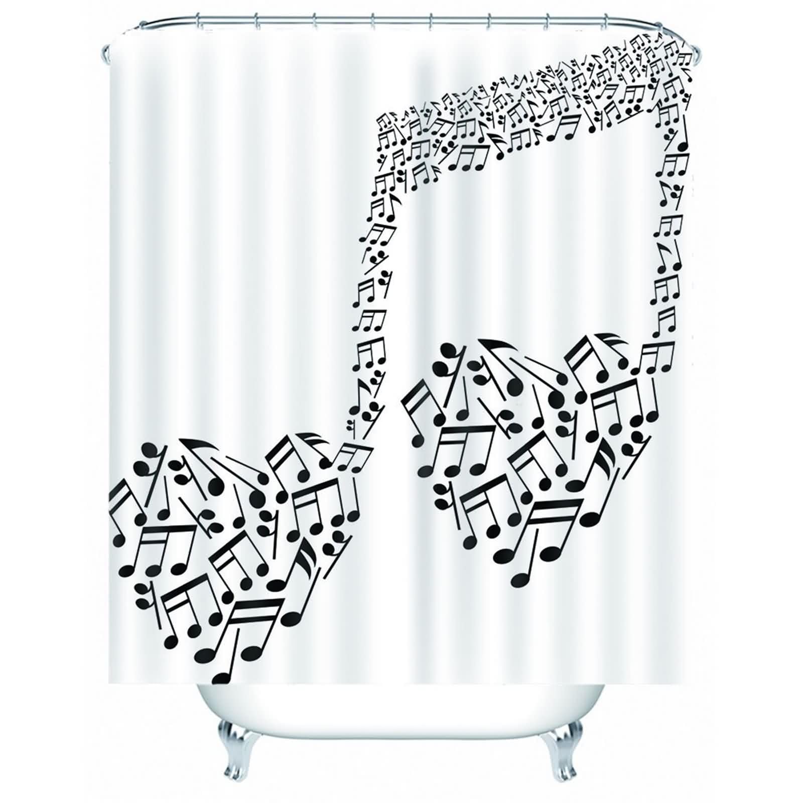 Rideau de douche pour salle de bain au motif musical noir et blanc avec crochets réglables