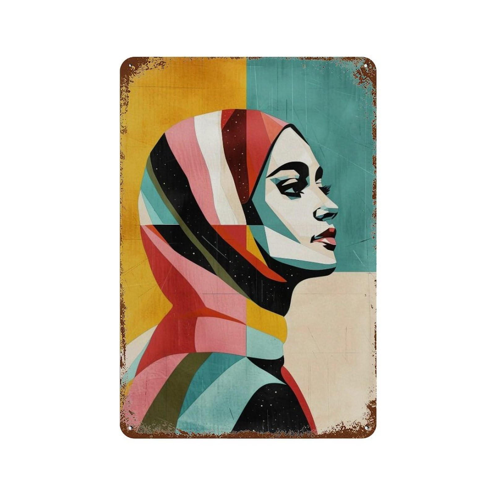 MGHTGRWE Cubist Pastel Patchwork Female Visage 01 Poster Wall Art Iron Vintage Metal Tin Sign Modern Home Cofffee Club Art Bar Shop Decor 30x20cm