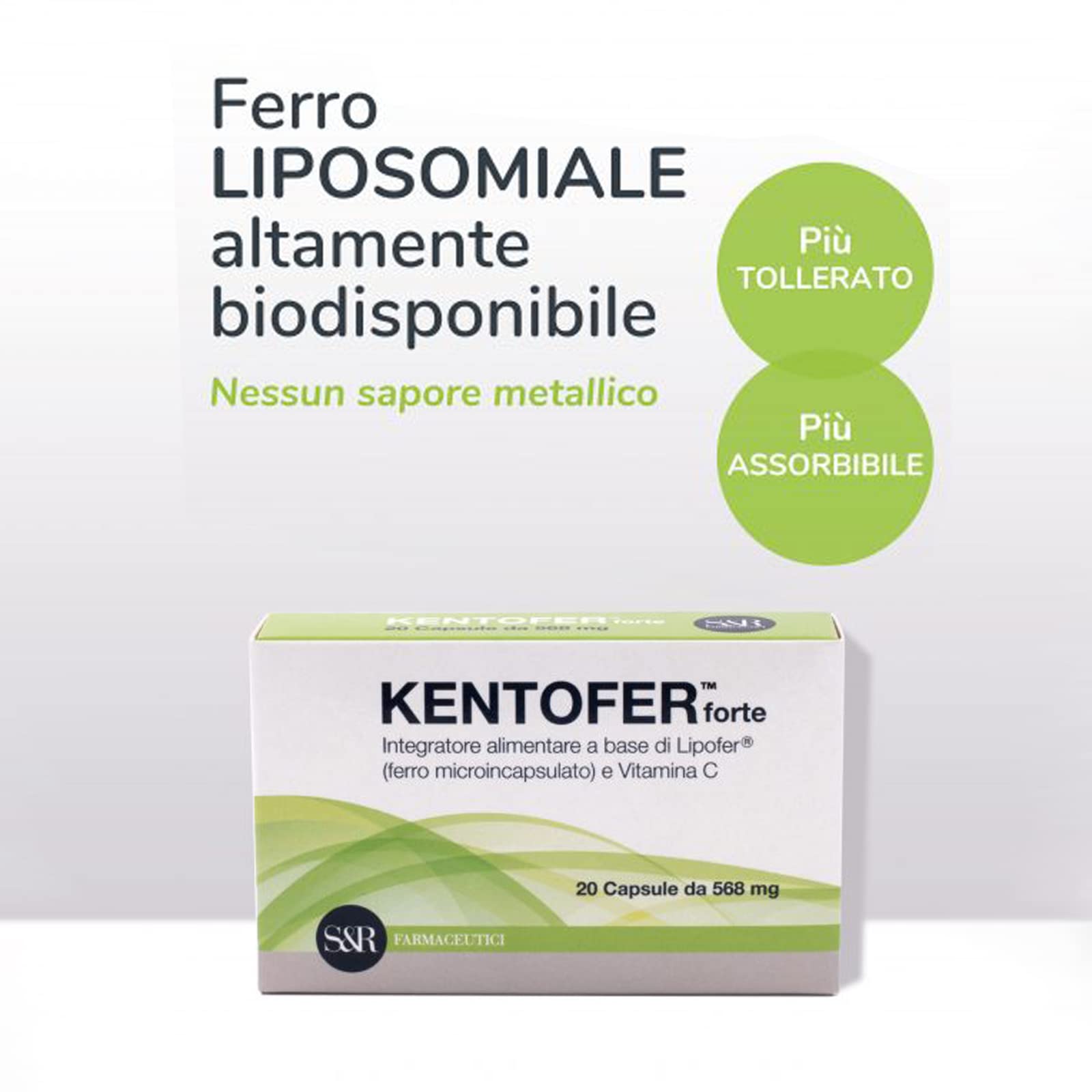S&R Farmaceutici | KENTOFER Forte - Integratore alimentare a base di Ferro, utile supporto in caso di carenza di Ferro e di Anemia Sideropenica, 20 capsule da 568 mg