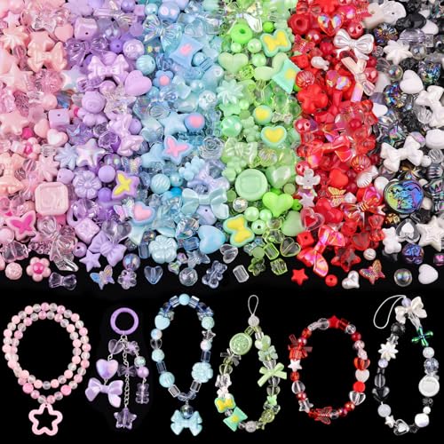 400-450PCS TINKRSTUFF Assorted Acrylic Beads 6 Mixed Colors Cute Beads for Bracelet Making Bow Aesthetic GummyBear Flower Butterfly Kawaii Charms for Jewelry Making DIY Necklace Keychain Phone Charm