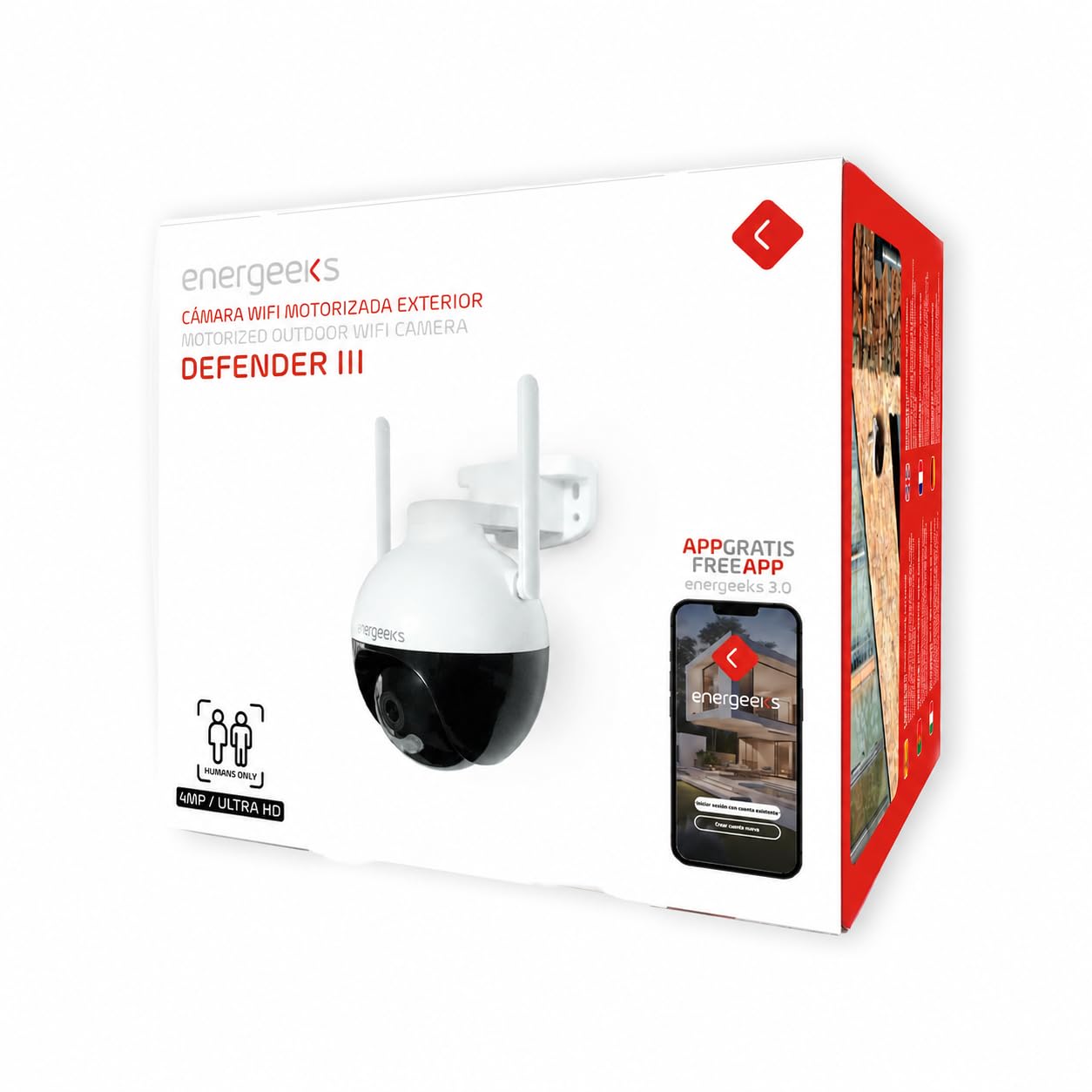 energeeks Defender III - Cámara Vigilancia Exterior WiFi - IP66-4 MP - Detección Movimiento/Sonido - Visión Nocturna - Audio Bidireccional - Luces LED y Sirena - Almacenamiento SD/Nube