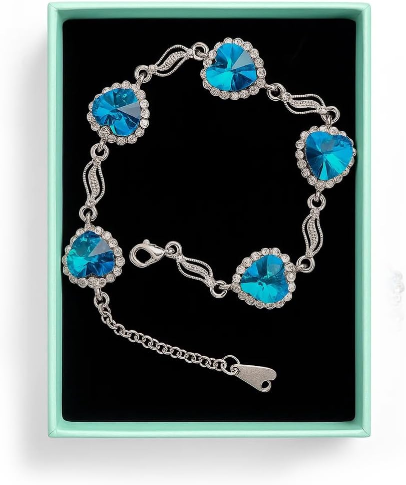 Blue Heart Crystal Bracelet for Women, 18K White Gold Plated Sparkling Sapphire Color Birthstone Link Bracelet, Adjustable "Something Blue" Jewelry Gift for Wedding, Anniversary (7.5"-8.5") B63 - Image 3