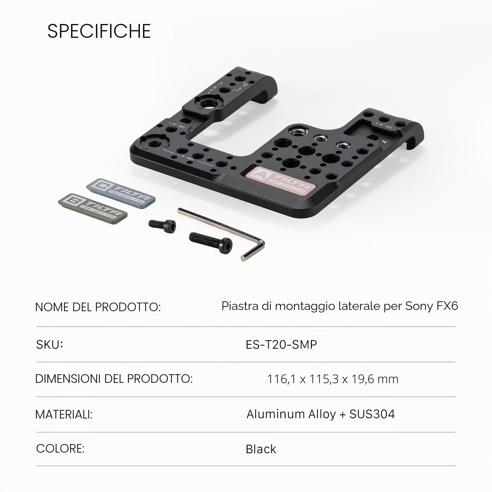 Tilta Piastra di montaggio laterale compatibile con Sony FX6, con etichette di indice della fotocamera, 1/4”-20, 3/8”-16 con punti di localizzazione e Cold Shoe ES-T20-SMP