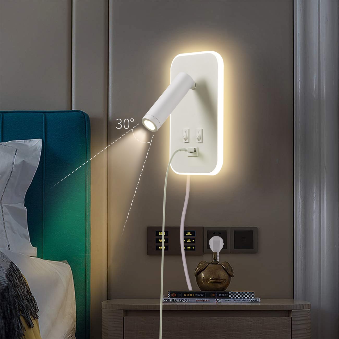 Applique murale LED,liseuse de chevet avec interrupteur,port de charge USB,éclairage d'ambiance réglable pour chambre à coucher (lumière naturelle 3W+lumière chaude 9W) Avec fiche câble,Blanc