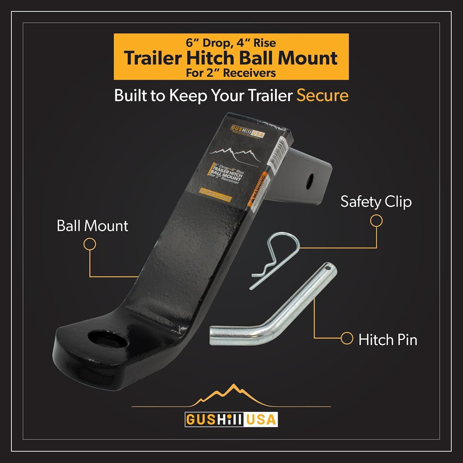 USA GH45070 Trailer Hitch Ball Mount, Fits 2-Inch Receiver, 6,500 lbs, 1-Inch Hole, 6-Inch Drop