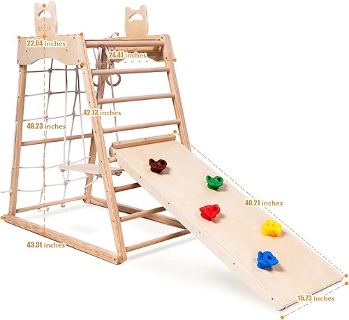 Miniatura 2 de Jungle Gym Indoor (8 en 1) Zona de juegos interior de madera, juguetes de escalada de madera para niños, juego Montessori, gimnasio con tobogán, red