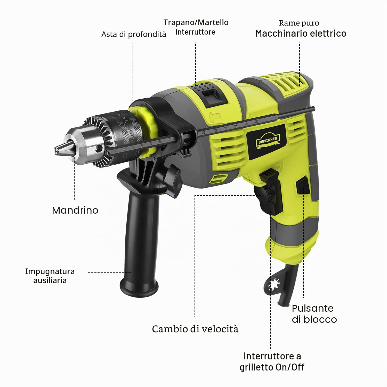 Trapano a percussione, trapano a percussione elettrico con filo da 710 W, mandrino in metallo da 13 mm, 0-3300 giri/min, potente trapano a velocità variabile per foratura in acciaio..