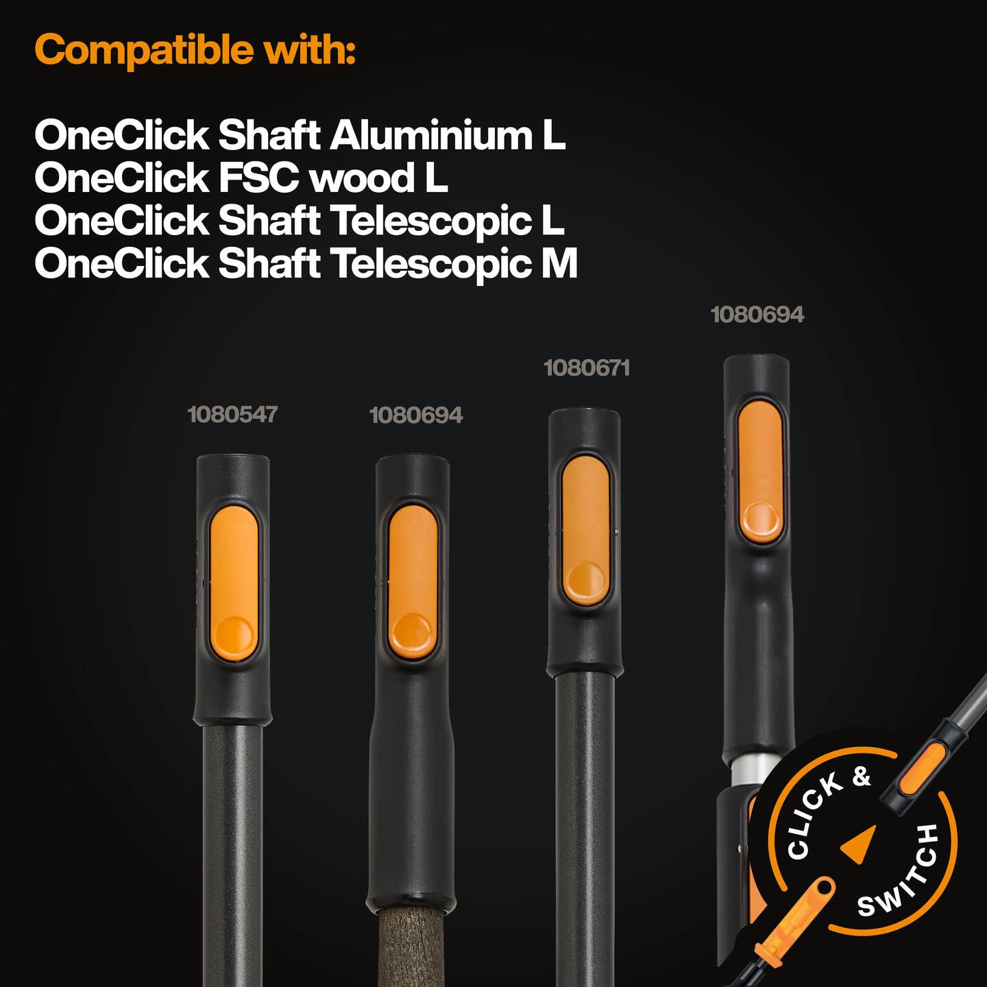 Fiskars OneClick Cueilleur de Fruits, Embout avec Filet Souple, Changement Facile en Un Clic, Lavable en Machine, Noir/Orange, 1080692