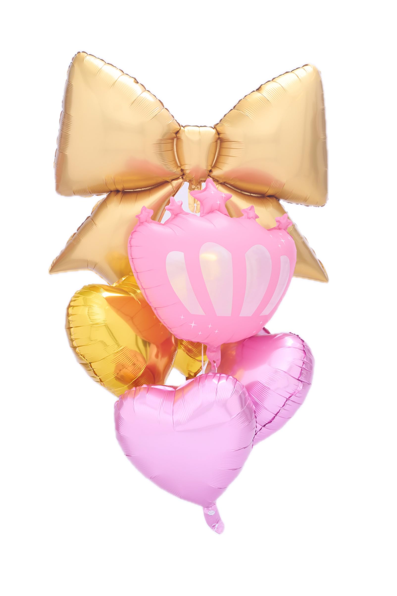 Foil Balloon Bouquet, Pink Crown and Gold Bow Design, Heart and Round Shapes, Large, 6 Count